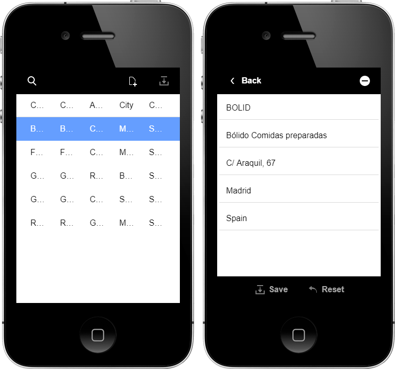 The List control and Detail View panels shown side by side, rendered
on iPhone 4 with a vertical layout.